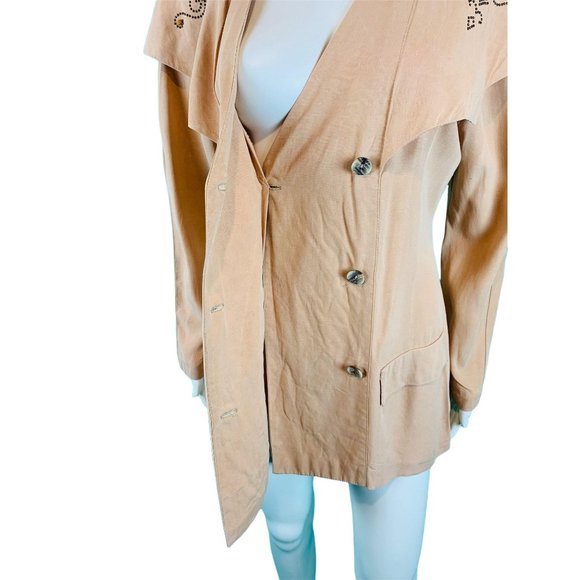 Vintage 90s Tunic Top Women's Large Beige Bronze Studded Large Collar Blouse - Picture 5 of 10